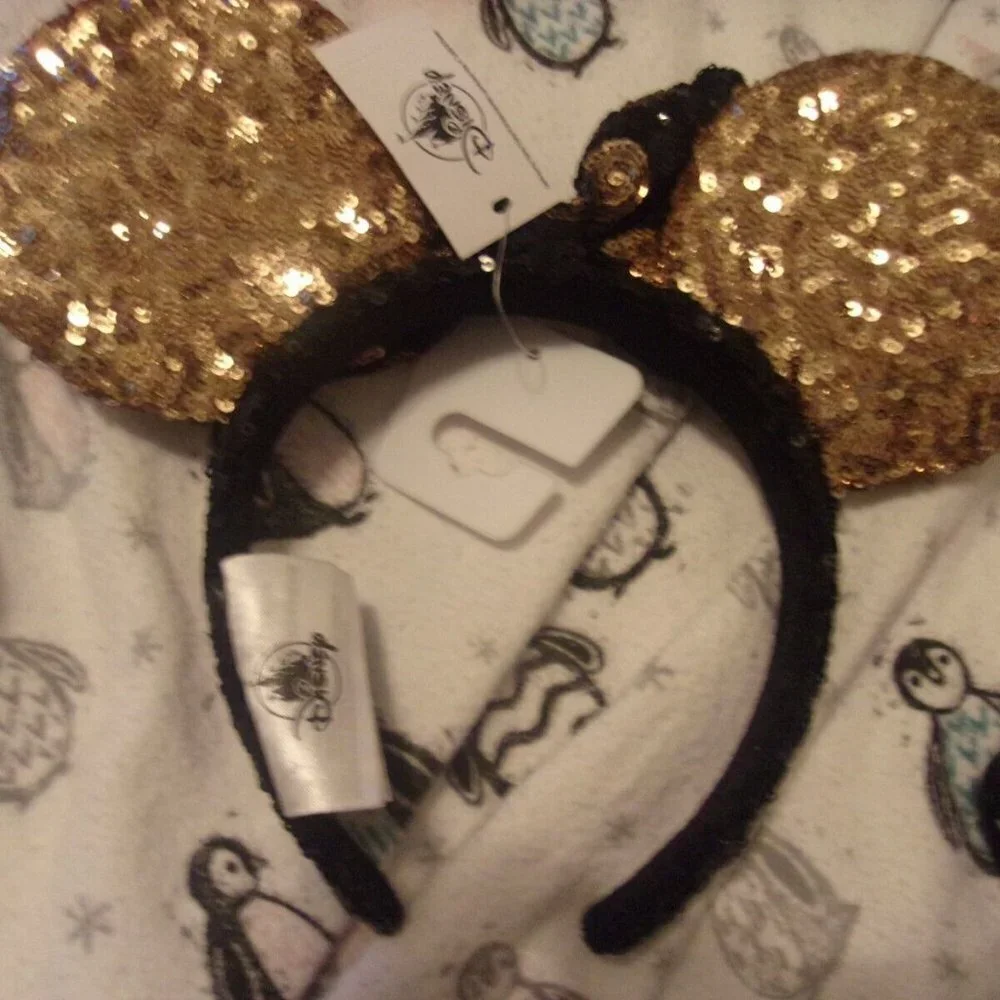 Disney Minnie Mouse Gold Sequined Ear Headband with Black and Gold Polka Dot Bow